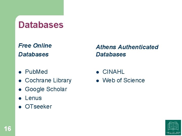 Databases Free Online Databases l l l 16 Pub. Med Cochrane Library Google Scholar