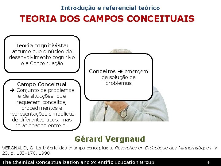 Introdução e referencial teórico TEORIA DOS CAMPOS CONCEITUAIS Teoria cognitivista: assume que o núcleo