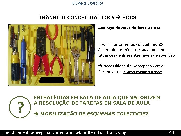 CONCLUSÕES TR NSITO CONCEITUAL LOCS HOCS Analogia da caixa de ferramentas Possuir ferramentas conceituais