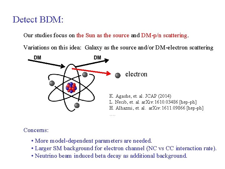 Detect BDM: Our studies focus on the Sun as the source and DM-p/n scattering.