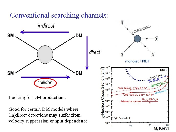 Conventional searching channels: Looking for DM production. Good for certain DM models where (in)direct
