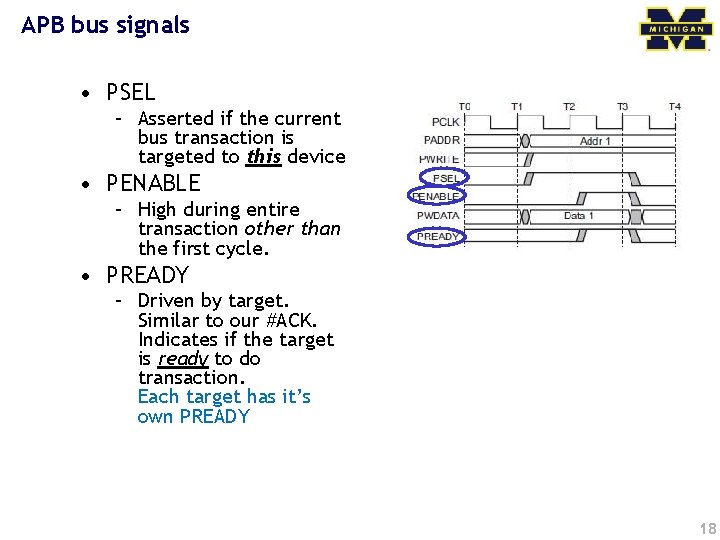 APB bus signals • PSEL – Asserted if the current bus transaction is targeted