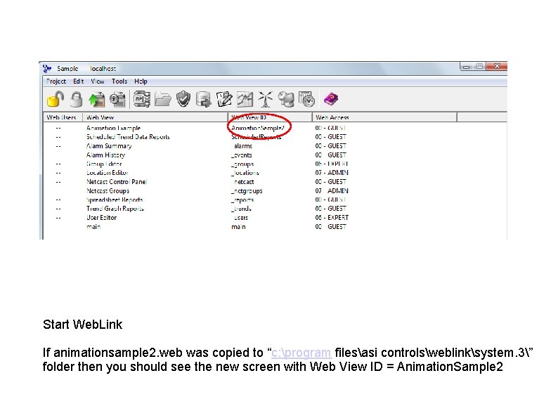 Start Web. Link If animationsample 2. web was copied to “c: program filesasi controlsweblinksystem.