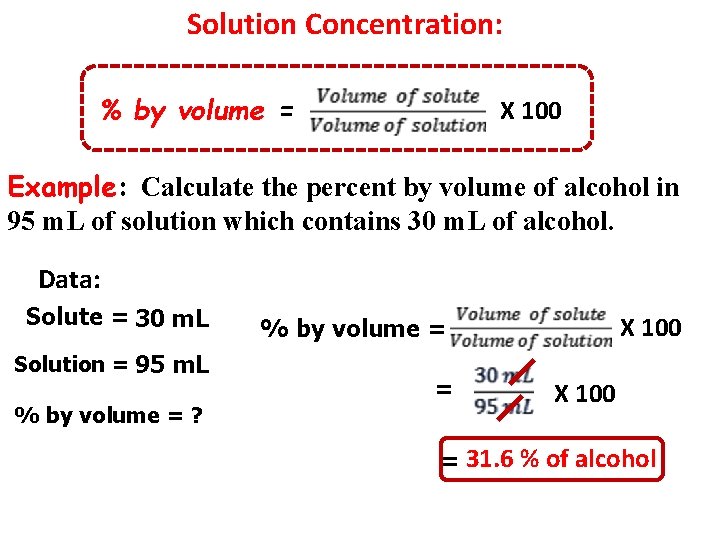 Solution Concentration: % by volume = X 100 Example: Calculate the percent by volume