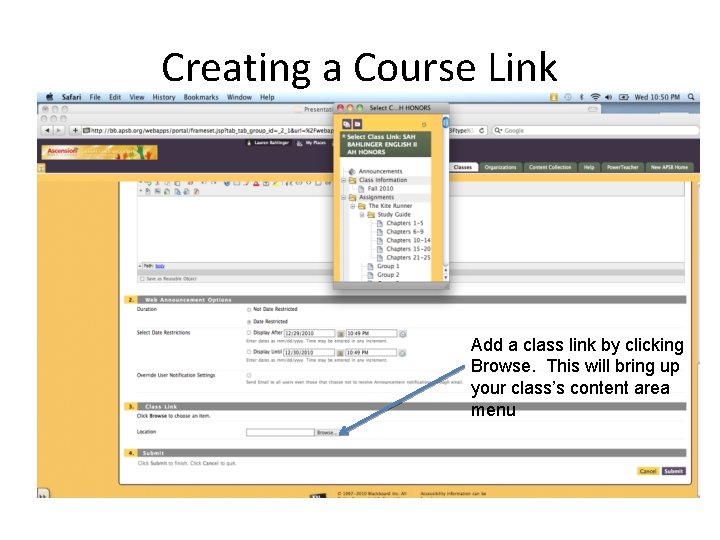 Creating a Course Link Add a class link by clicking Browse. This will bring