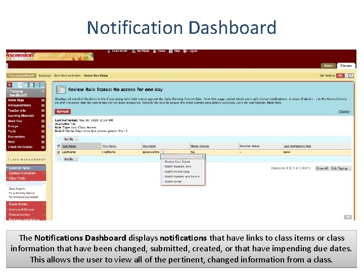 Notification Dashboard The Notifications Dashboard displays notifications that have links to class items or