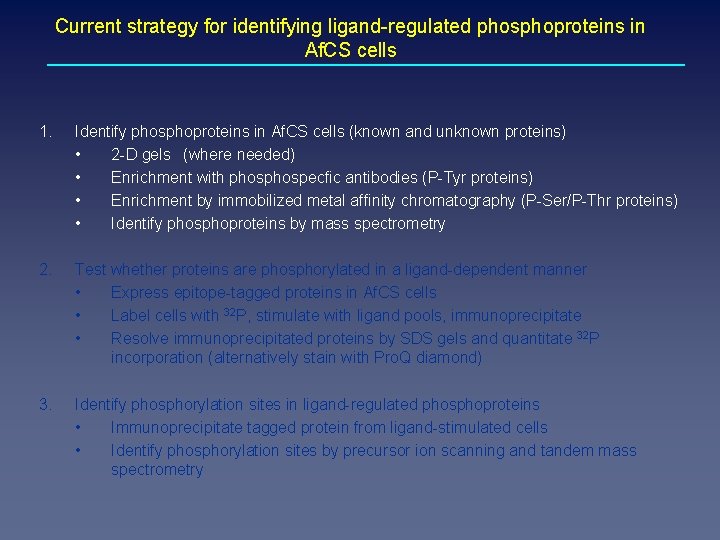 Current strategy for identifying ligand-regulated phosphoproteins in Af. CS cells 1. Identify phosphoproteins in