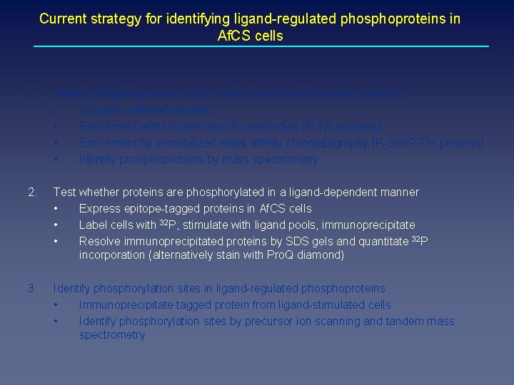 Current strategy for identifying ligand-regulated phosphoproteins in Af. CS cells 1. Identify phosphoproteins in