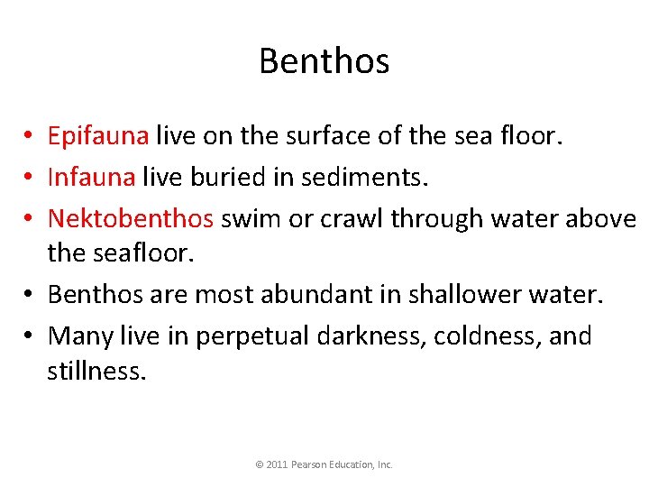 Benthos • Epifauna live on the surface of the sea floor. • Infauna live