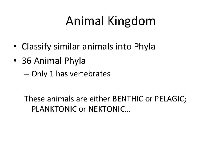 Animal Kingdom • Classify similar animals into Phyla • 36 Animal Phyla – Only