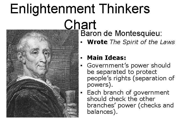 Enlightenment Thinkers Chart Baron de Montesquieu: • Wrote The Spirit of the Laws •