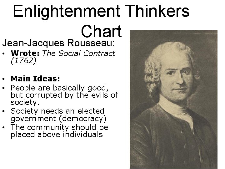 Enlightenment Thinkers Chart Jean-Jacques Rousseau: • Wrote: The Social Contract (1762) • Main Ideas: