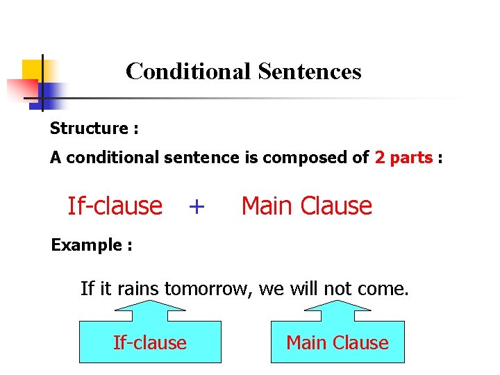 Conditional Sentences Structure : A conditional sentence is composed of 2 parts : If-clause