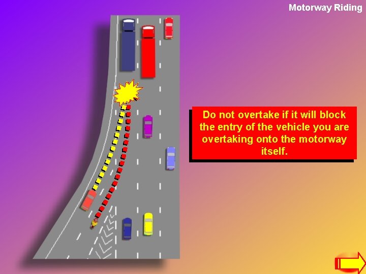 Motorway Riding Do not overtake if it will block the entry of the vehicle