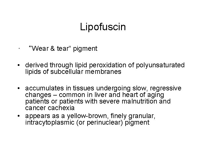 Lipofuscin • “Wear & tear” pigment • derived through lipid peroxidation of polyunsaturated lipids