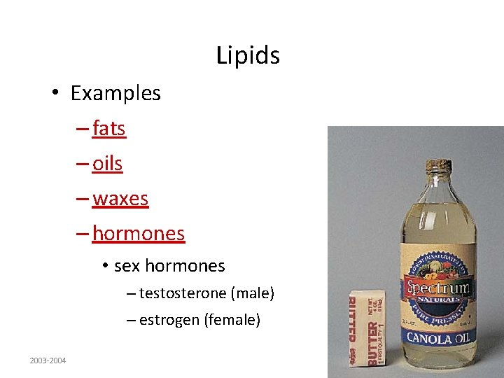 Lipids • Examples – fats – oils – waxes – hormones • sex hormones
