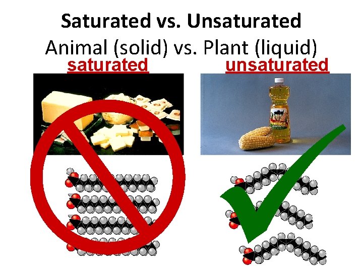 Saturated vs. Unsaturated Animal (solid) vs. Plant (liquid) saturated unsaturated 