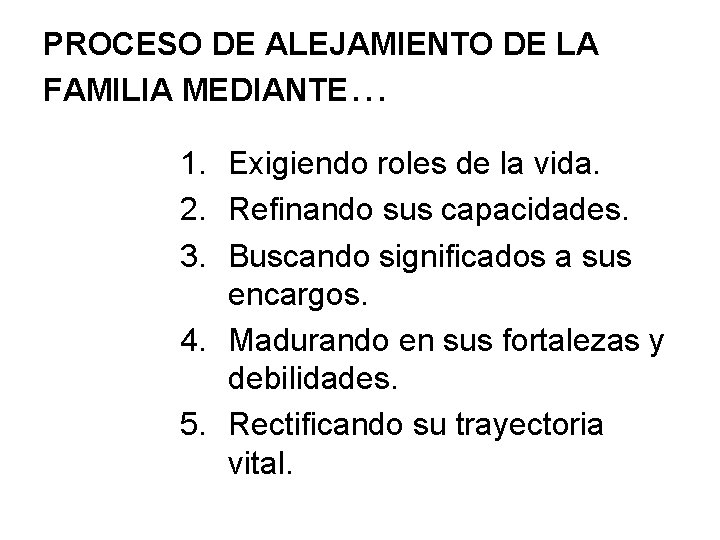 PROCESO DE ALEJAMIENTO DE LA FAMILIA MEDIANTE… 1. Exigiendo roles de la vida. 2.