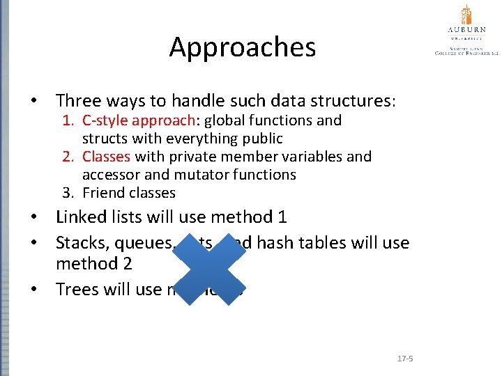 Approaches • Three ways to handle such data structures: 1. C-style approach: global functions