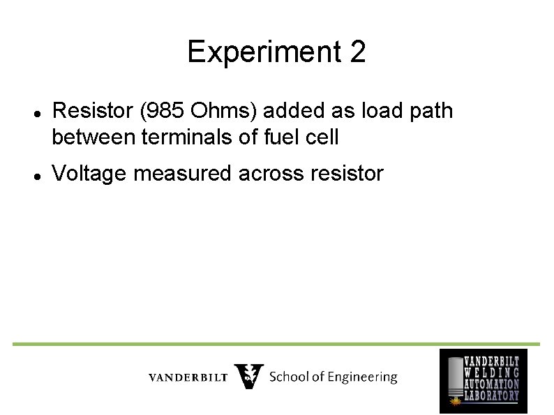Experiment 2 Resistor (985 Ohms) added as load path between terminals of fuel cell