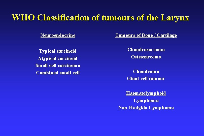 WHO Classification of tumours of the Larynx Neuroendocrine Tumours of Bone / Cartilage Typical