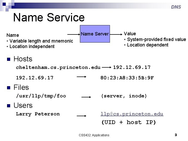 DNS Name Service Name • Variable length and mnemonic • Location independent n Name