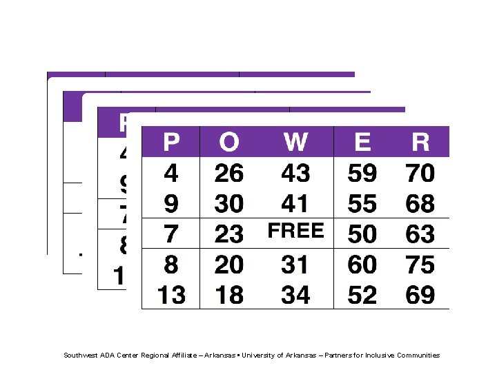 Power Bingo Southwest ADA Center Regional Affiliate – Arkansas • University of Arkansas –