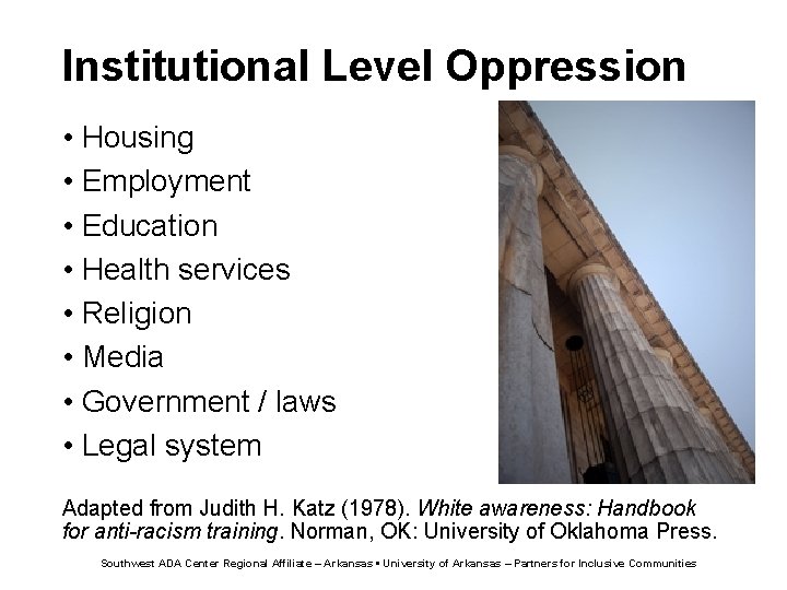Institutional Level Oppression • Housing • Employment • Education • Health services • Religion