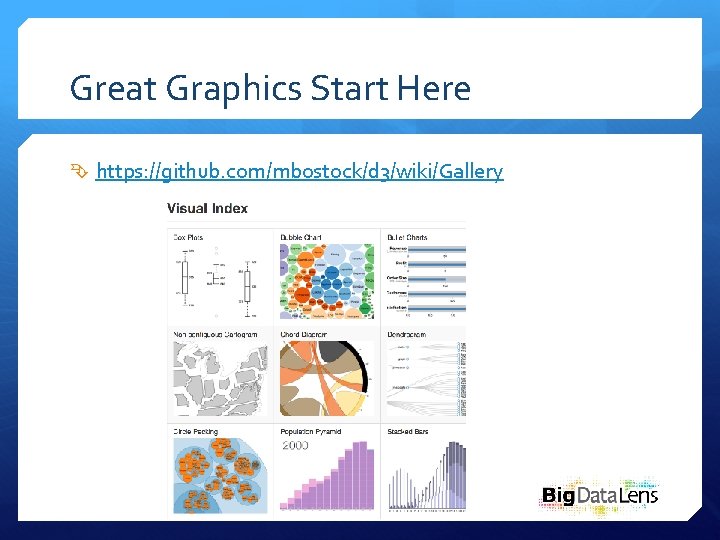 Great Graphics Start Here https: //github. com/mbostock/d 3/wiki/Gallery 