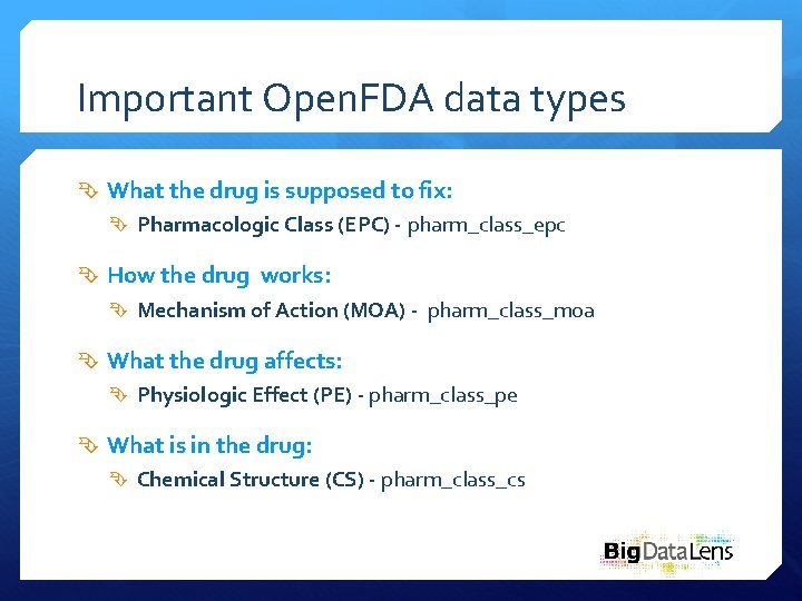 Important Open. FDA data types What the drug is supposed to fix: Pharmacologic Class