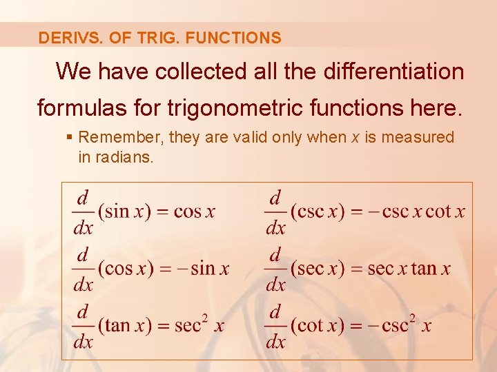 DERIVS. OF TRIG. FUNCTIONS We have collected all the differentiation formulas for trigonometric functions