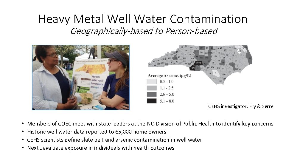 Heavy Metal Well Water Contamination Geographically-based to Person-based CEHS investigator, Fry & Serre •