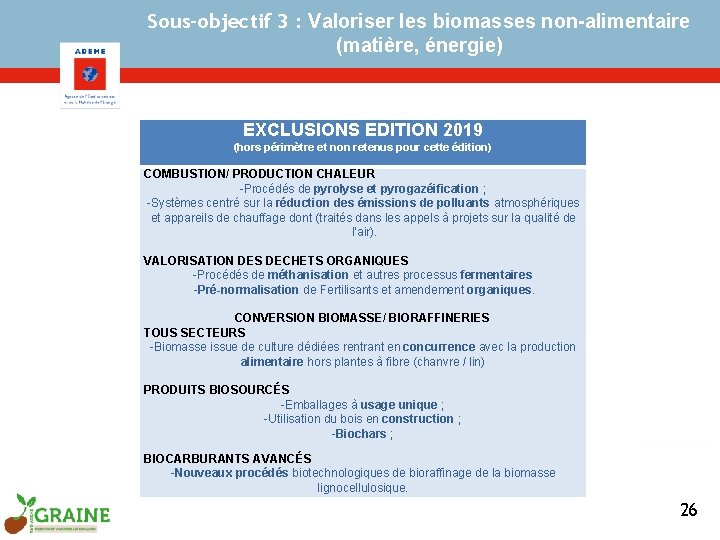 Sous-objectif 3 : Valoriser les biomasses non-alimentaire (matière, énergie) EXCLUSIONS EDITION 2019 (hors périmètre