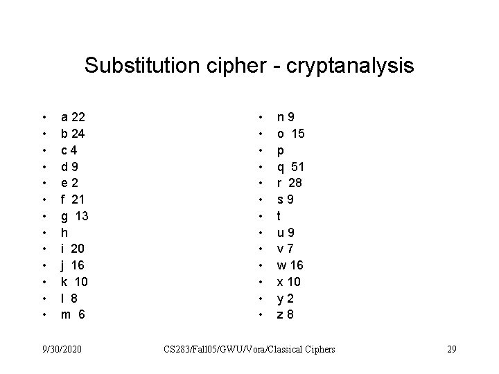 Substitution cipher - cryptanalysis • • • • a 22 b 24 c 4