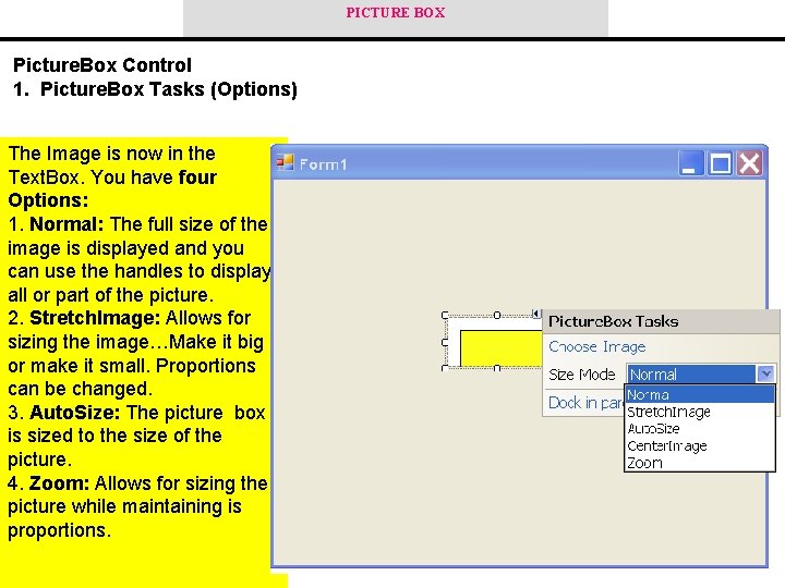 PICTURE BOX Picture. Box Control 1. Picture. Box Tasks (Options) The Image is now