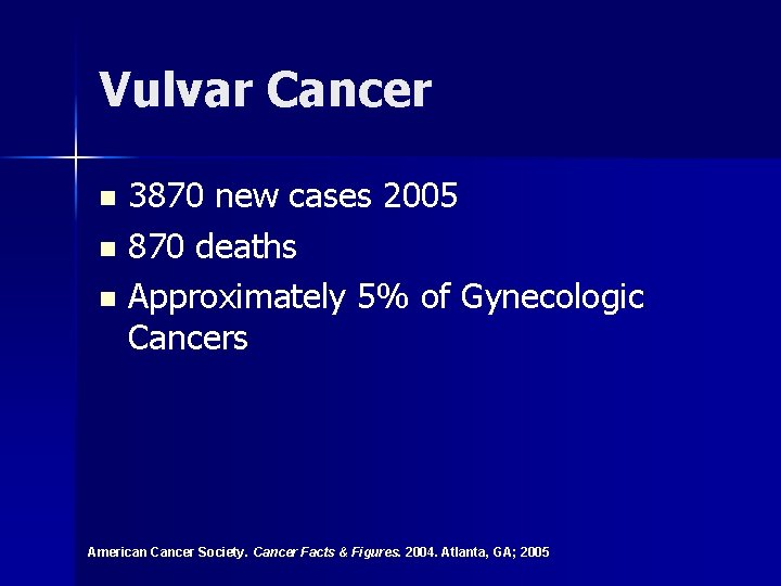 Vulvar Cancer 3870 new cases 2005 n 870 deaths n Approximately 5% of Gynecologic