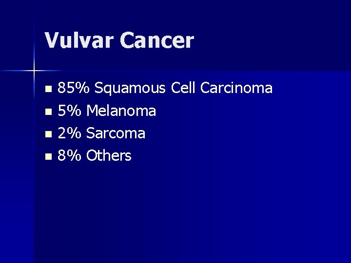 Vulvar Cancer 85% Squamous Cell Carcinoma n 5% Melanoma n 2% Sarcoma n 8%