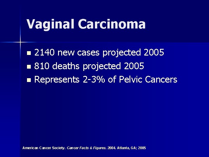 Vaginal Carcinoma 2140 new cases projected 2005 n 810 deaths projected 2005 n Represents