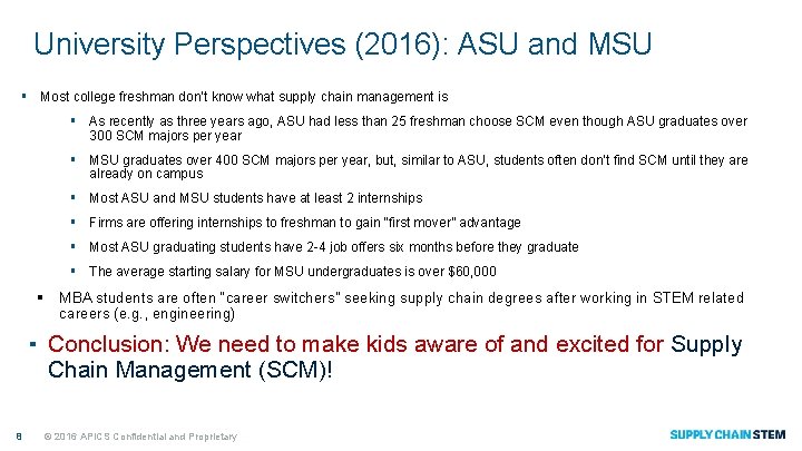 University Perspectives (2016): ASU and MSU § Most college freshman don’t know what supply