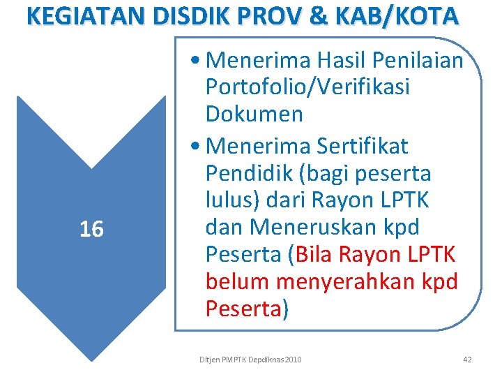 KEGIATAN DISDIK PROV & KAB/KOTA 16 • Menerima Hasil Penilaian Portofolio/Verifikasi Dokumen • Menerima