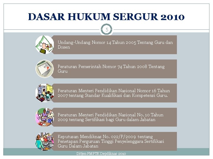 DASAR HUKUM SERGUR 2010 5 Undang-Undang Nomor 14 Tahun 2005 Tentang Guru dan Dosen