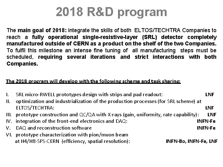 2018 R&D program The main goal of 2018: integrate the skills of both ELTOS/TECHTRA