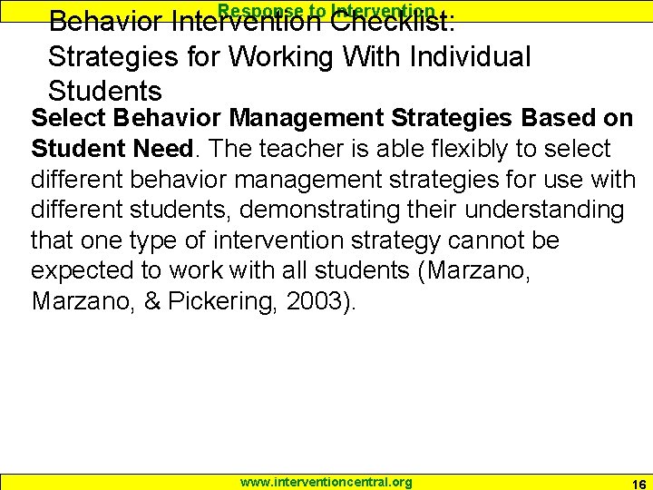 Response to Intervention Behavior Intervention Checklist: Strategies for Working With Individual Students Select Behavior Response to Intervention Behavior Intervention Checklist: Strategies for Working With Individual Students Select Behavior