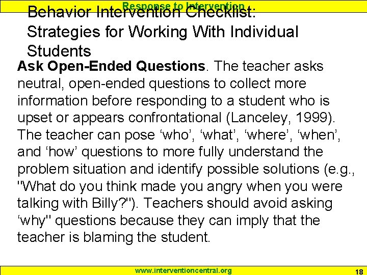 Response to Intervention Behavior Intervention Checklist: Strategies for Working With Individual Students Ask Open-Ended Response to Intervention Behavior Intervention Checklist: Strategies for Working With Individual Students Ask Open-Ended