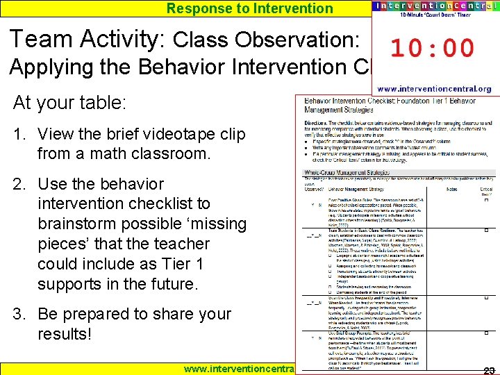 Response to Intervention Team Activity: Class Observation: Applying the Behavior Intervention Checklist At your Response to Intervention Team Activity: Class Observation: Applying the Behavior Intervention Checklist At your