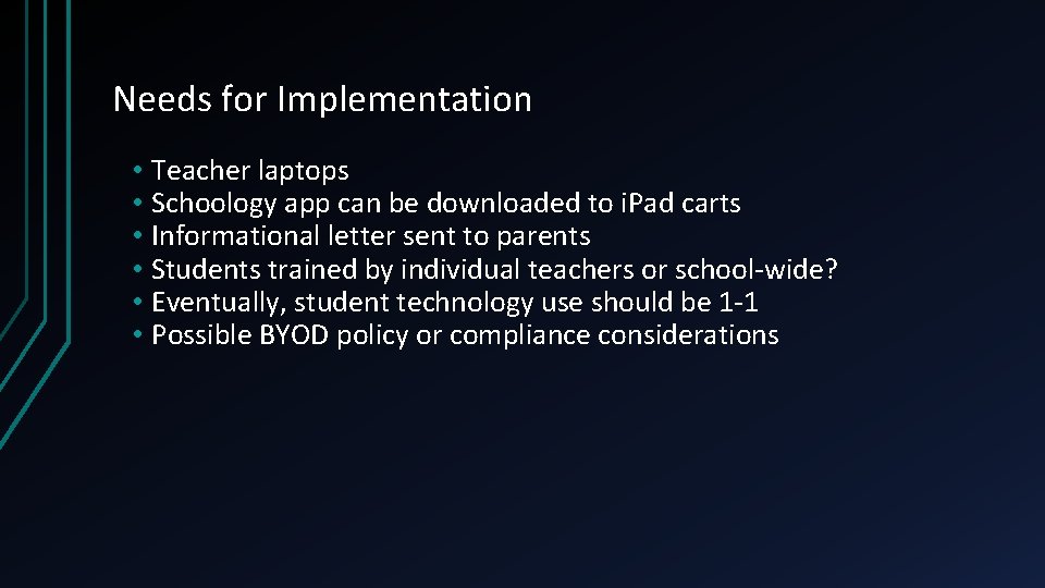 Needs for Implementation • Teacher laptops • Schoology app can be downloaded to i.