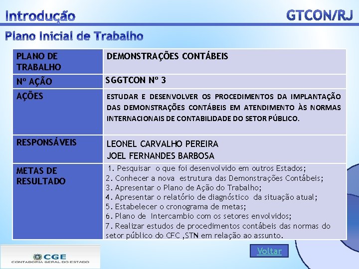 PLANO DE TRABALHO DEMONSTRAÇÕES CONTÁBEIS Nº AÇÃO SGGTCON Nº 3 AÇÕES ESTUDAR E DESENVOLVER