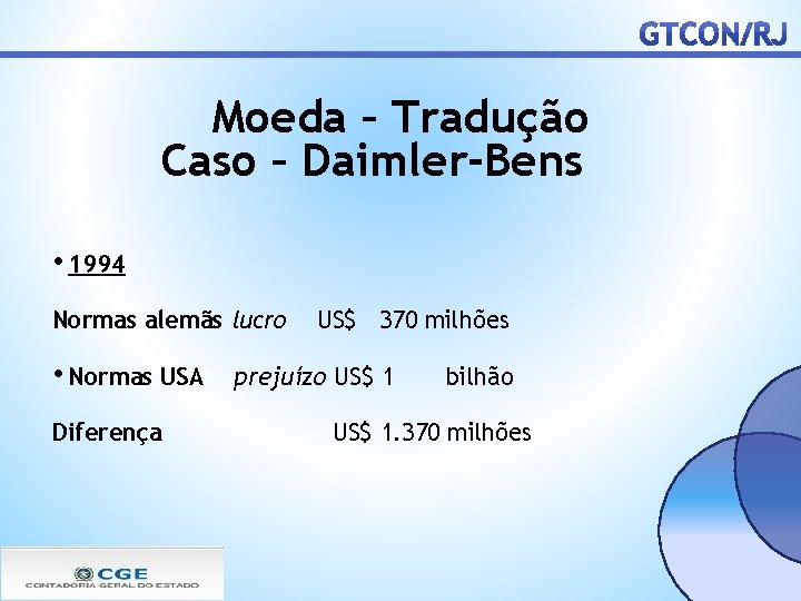 Moeda – Tradução Caso – Daimler-Bens • 1994 Normas alemãs lucro • Normas USA