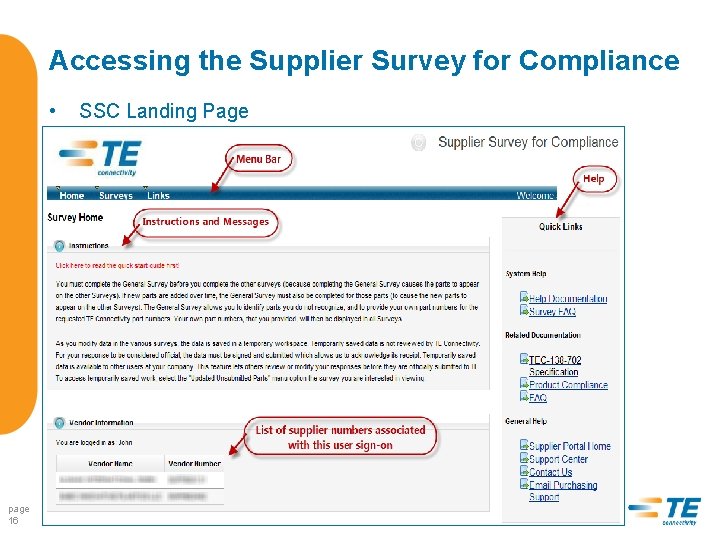 Accessing the Supplier Survey for Compliance • page 16 SSC Landing Page 