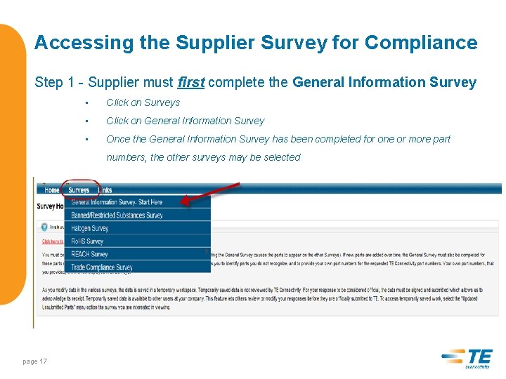 Accessing the Supplier Survey for Compliance Step 1 - Supplier must first complete the
